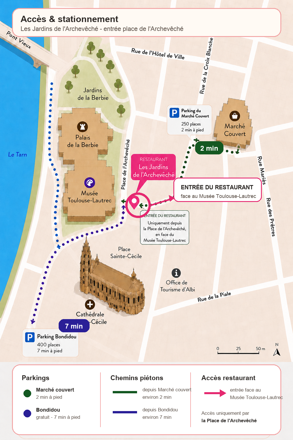 Plan d'accès et stationnement pour rejoindre le restaurant Les Jardins de l'Archevêché à Albi