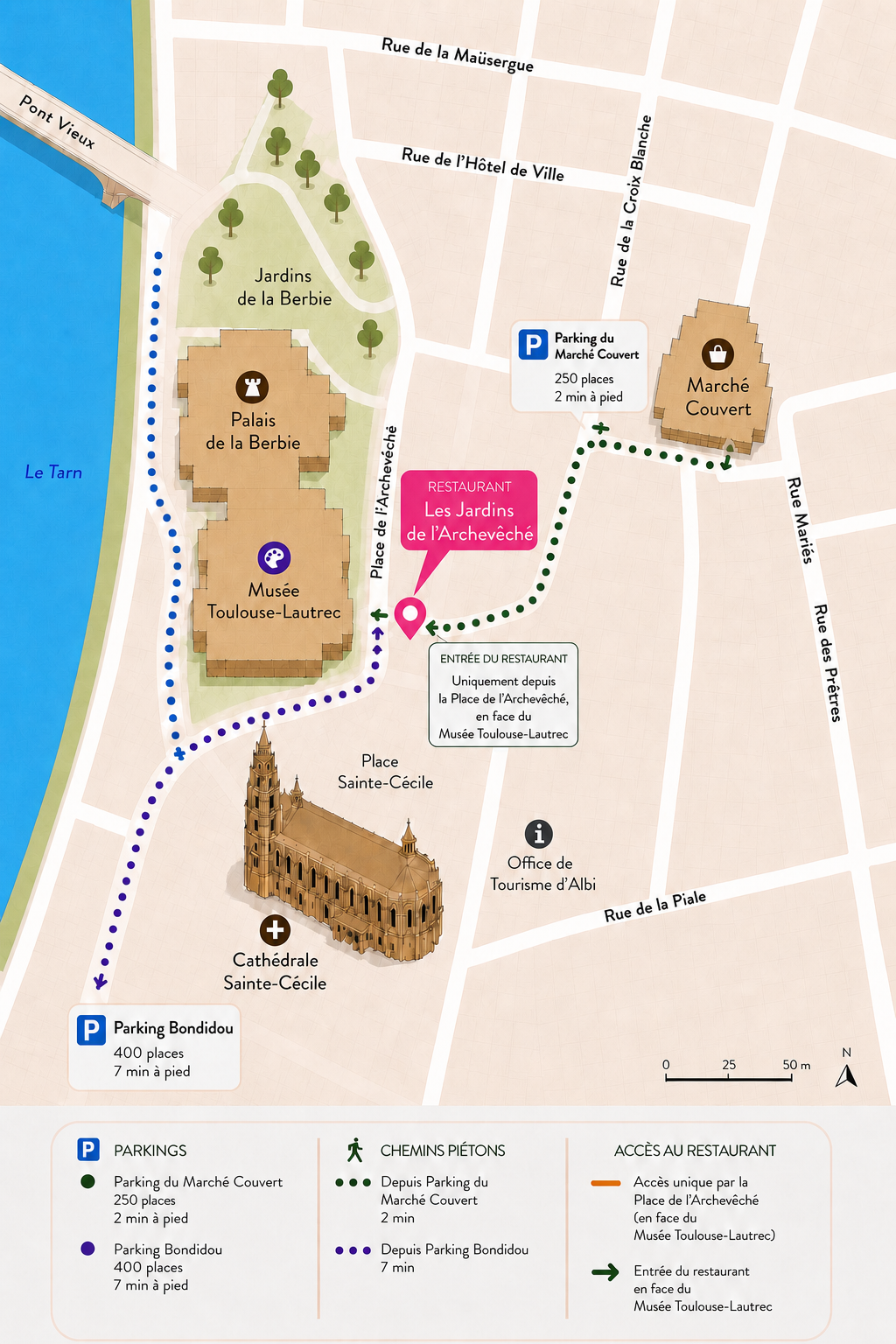 Plan d'accès au restaurant Les Jardins de l'Archevêché à Albi