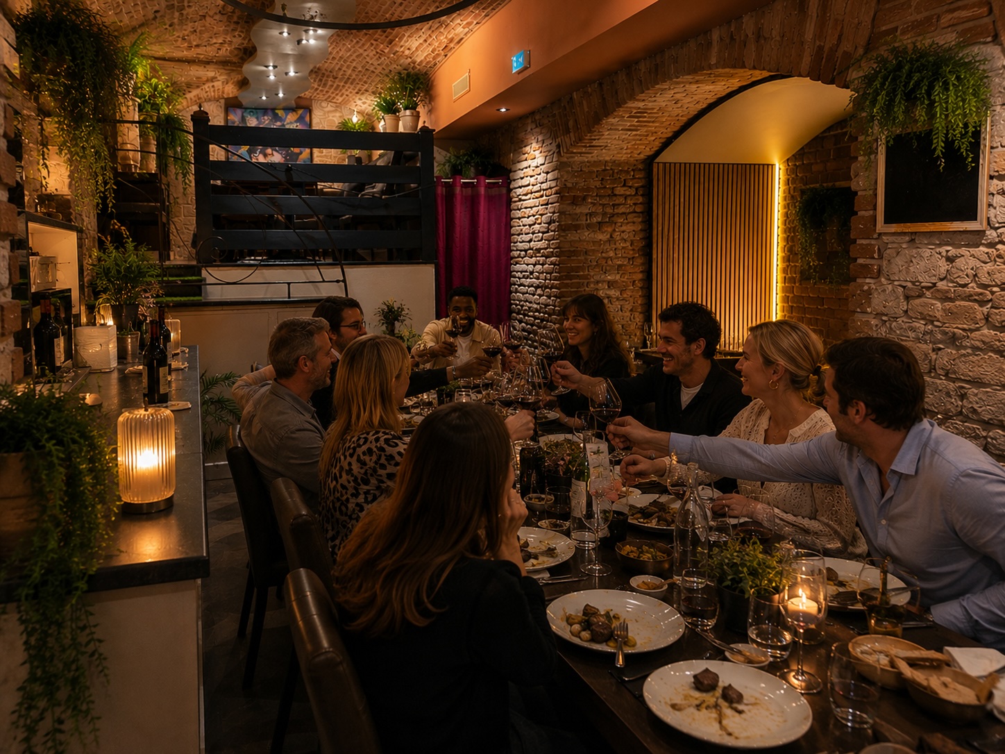 Repas de groupe dans la salle voûtée des Jardins de l'Archevêché à Albi