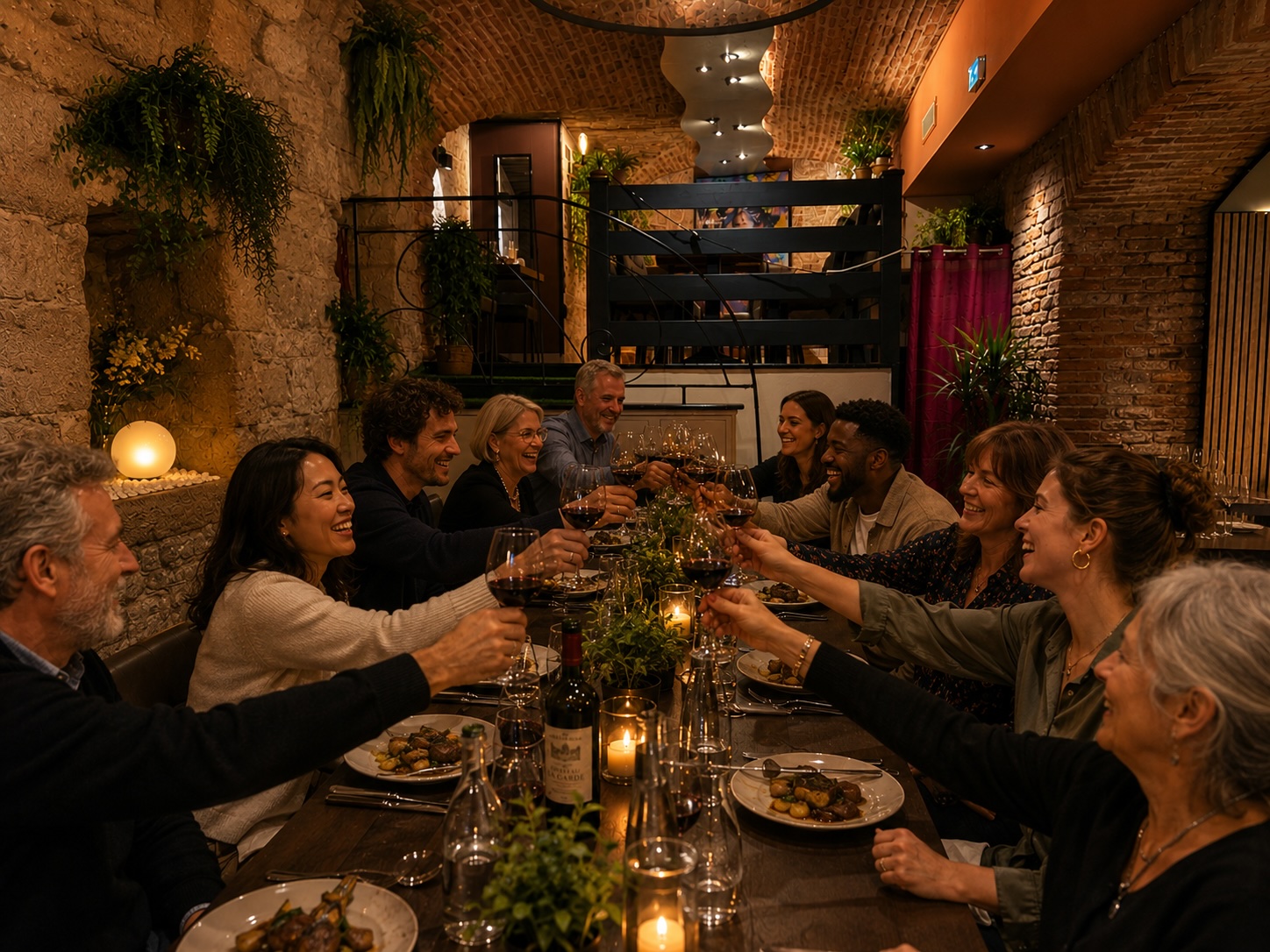 Groupe attablé dans le restaurant Les Jardins de l'Archevêché