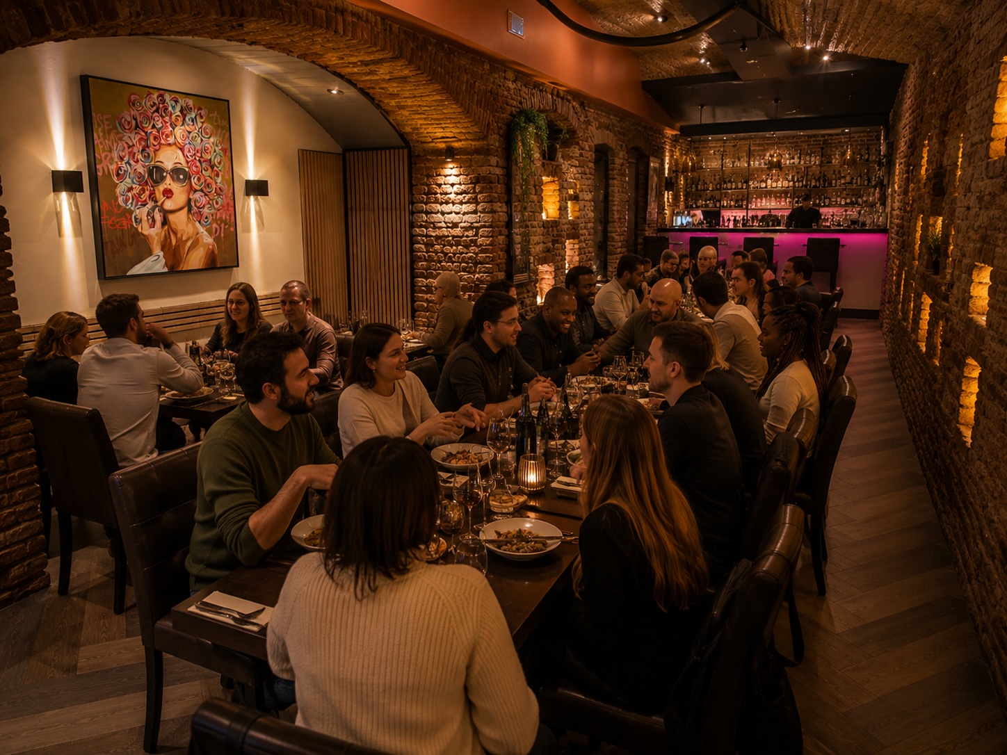 Grande table dressée dans la salle intérieure du restaurant Les Jardins de l'Archevêché